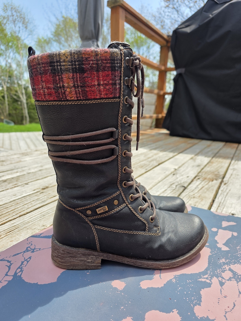 Black Lace-Up Leather Mid-Calf Boots with Plaid Cuff | Size 7